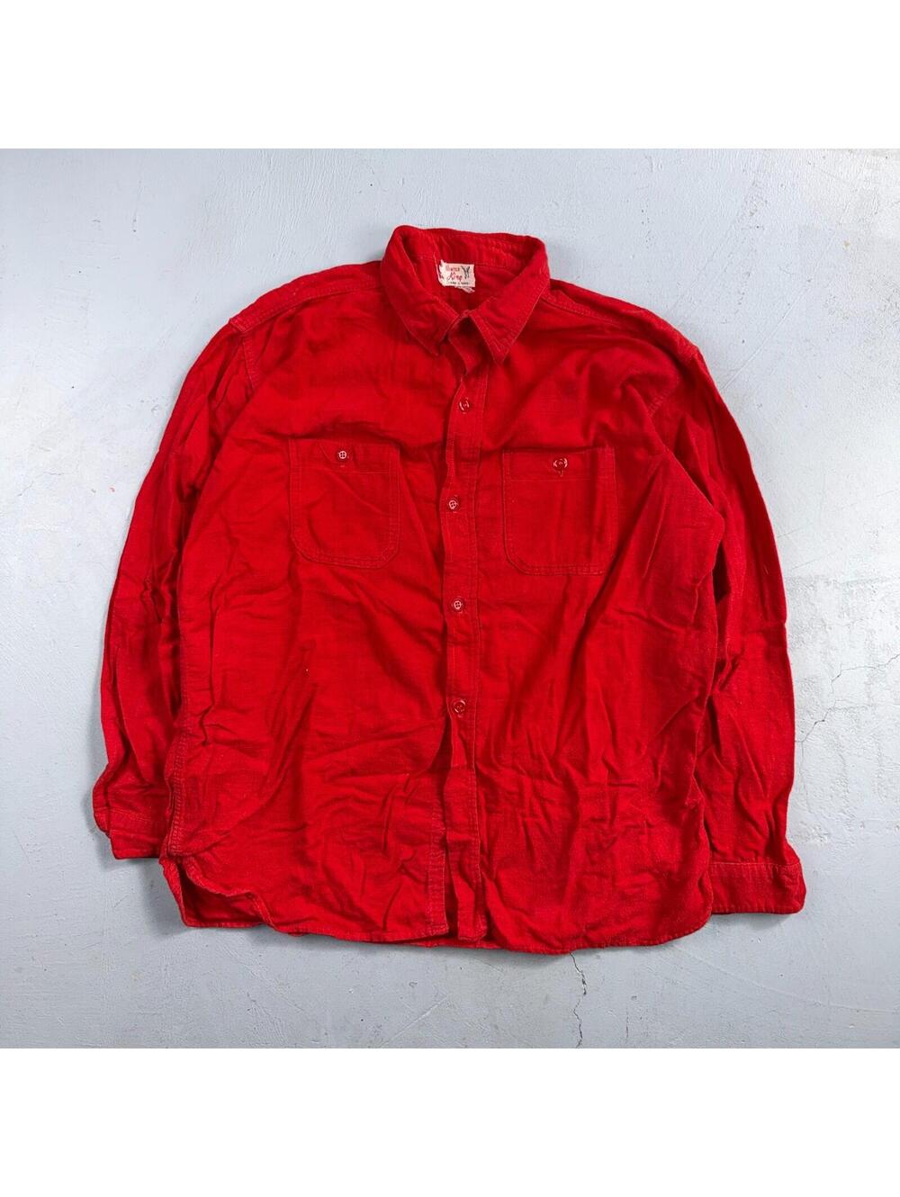 Vintage Winter King Cotton Flannel Shirt 40s 50s Sanforized Large Red Rockabilly